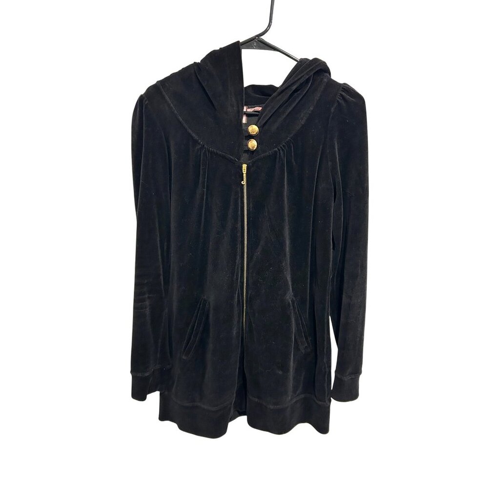 Juicy Couture Large Black Velour Zip-Up Hoodie Gold Button Accents Sporty Retro